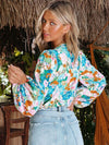 Explore More Collection - Printed Surplice Balloon Sleeve Blouse