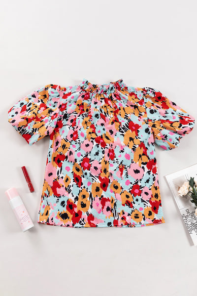 Explore More Collection - Printed Mock Neck Short Sleeve Blouse