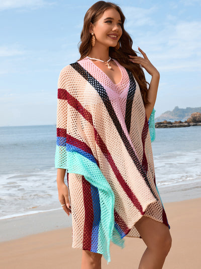 Explore More Collection - Openwork Color Block Plunge Cover-Up