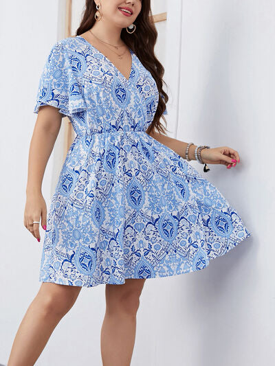 Explore More Collection - Plus Size Surplice Flutter Sleeve Mini Dress