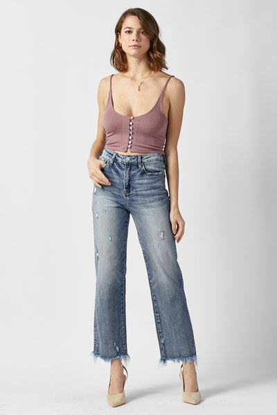 Explore More Collection - RISEN High Waist Raw Hem Straight Jeans