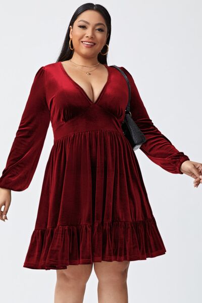 Explore More Collection - Plus Size Plunge Long Sleeve Mini Dress
