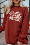 Explore More Collection - Ribbed Sequin Letter Graphic Round Neck Long Sleeve Sweatshirt