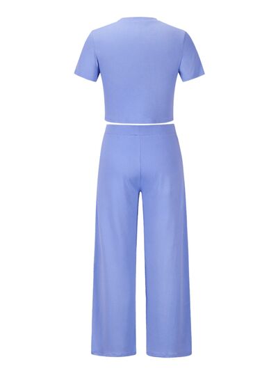 Explore More Collection - Round Neck Short Sleeve Top and Pocketed Pants Set