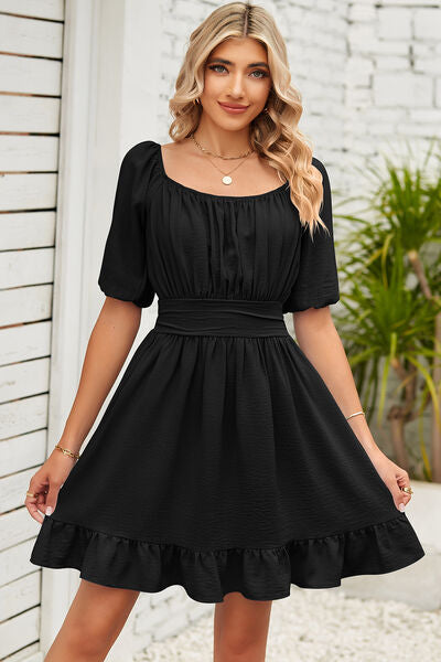 Explore More Collection - Ruched Ruffle Hem Short Sleeve Dress