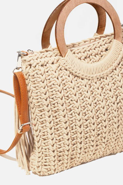 Explore More Collection - Fame Crochet Knit Convertible Tote Bag with Tassel