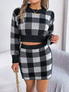 Explore More Collection - Plaid Round Neck Top and Skirt Sweater Set