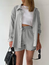 Explore More  Collection - Texture Button Up Shirt and Drawstring Shorts Set