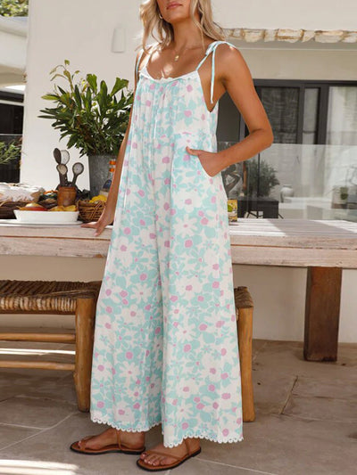 Explore More Collection - Printed Wide Leg Jumpsuit with Pockets