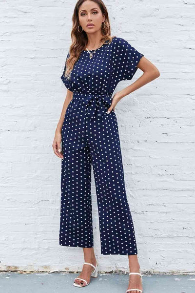 Explore More Collection - Polka Dot Round Neck Cutout Jumpsuit