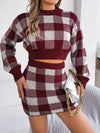 Explore More Collection - Plaid Round Neck Top and Skirt Sweater Set