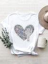 Explore More Collection - Sequin Heart Round Neck Short Sleeve T-Shirt