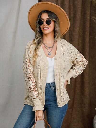 Explore More Collection - Eyelet Button Up Lantern Sleeve Cardigan