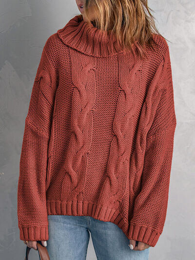 Explore More Collection - Cable-Knit Turtleneck Dropped Shoulder Sweater