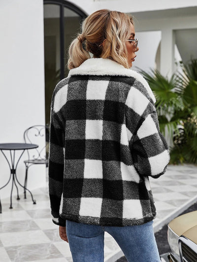 Explore More Collection - Plaid Zip-Up Collared Jacket
