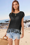 Explore More Collection - Openwork Cap Sleeve Knit Cover Up with Tassel