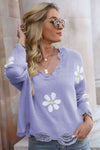 Explore More Collection - Flower Distressed Ribbed Trim Sweater