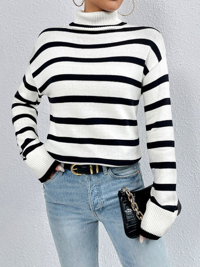 Explore More Collection - Striped Turtleneck Drop Shoulder Sweater