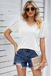 Explore More Collection - Heathered V-Neck Balloon Sleeve T-Shirt