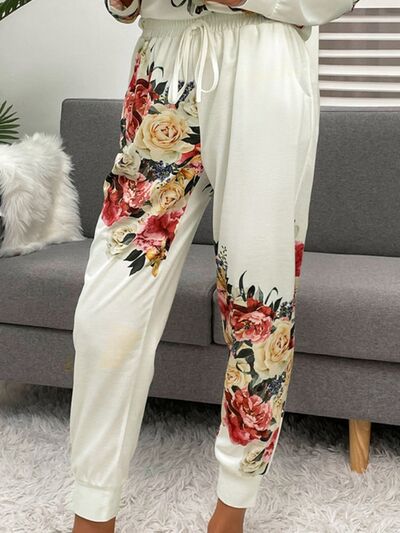 Explore More Collection - Printed Round Neck Top and Drawstring Pants Lounge Set