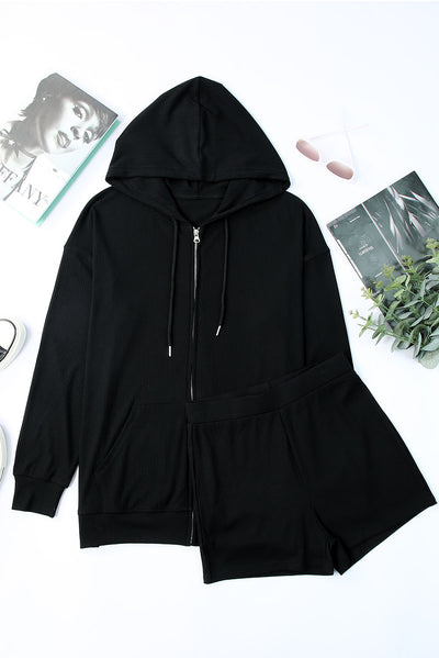 Explore More Collection - Drawstring Zip Up Sweatshirt and Shorts Set