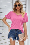 Explore More Collection - Heathered V-Neck Balloon Sleeve T-Shirt