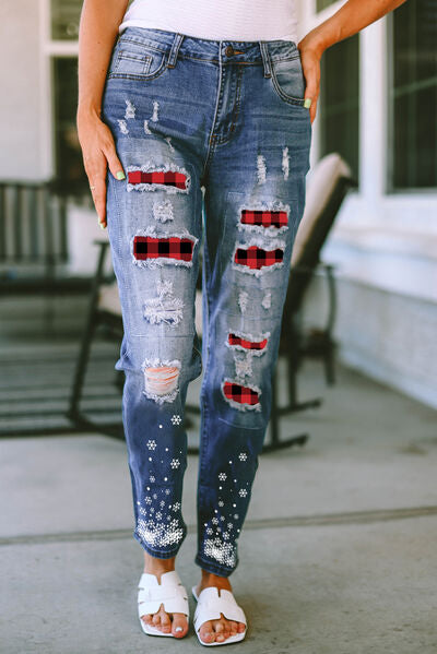 Explore More Collection - Plaid Snow Graphic Distressed Jeans