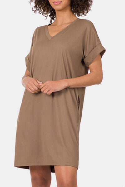 Explore More Collection - Zenana Rolled Short Sleeve V-Neck Dress