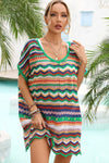 Explore More Collection - Rainbow Stripe Scalloped V-Neck Cover-Up Dress