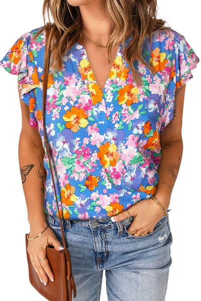 Explore More Collection - Floral Notched Neck Flutter Sleeve Blouse