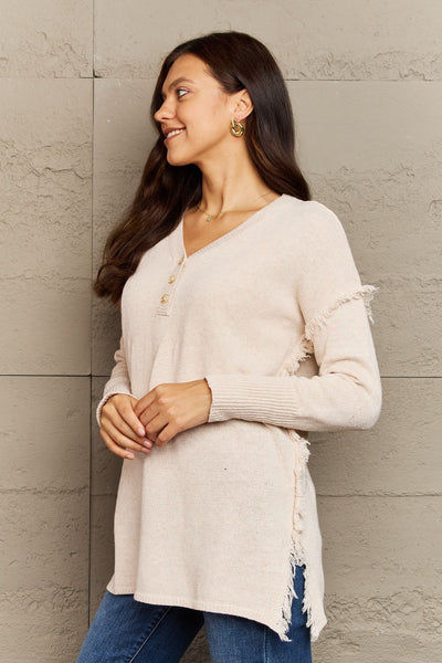 Explore More Collection - Full Size Buttoned Dropped Shoulder Raw Hem Pullover Sweater