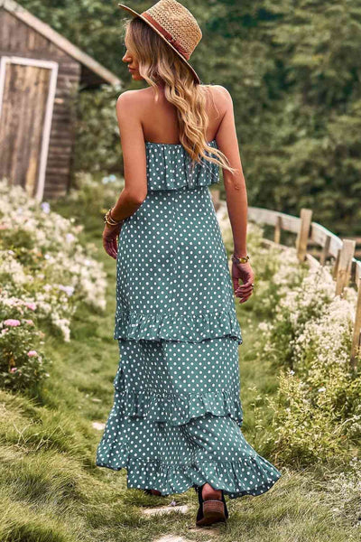 Explore More Collection - Polka Dot Strapless Slit Ruffled Maxi Dress