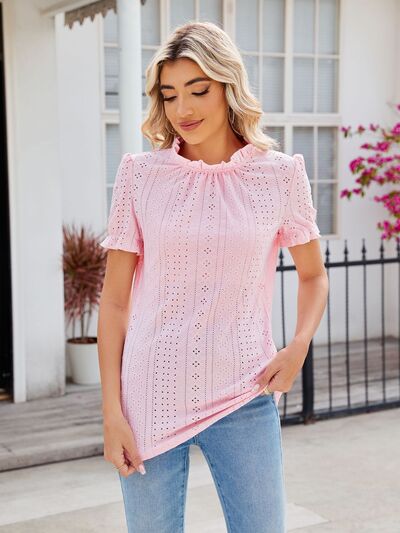 Explore More Collection - Eyelet Frill Mock Neck Flounce Sleeve Blouse