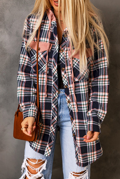 Explore More Collection - Plaid Drawstring Hooded Jacket with Pockets