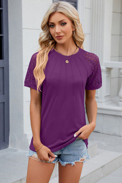 Explore More Collection - Openwork Round Neck Short Sleeve T-Shirt