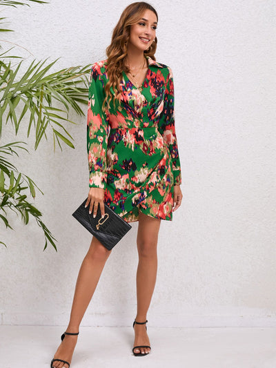 Explore More Collection - Printed Long Sleeve Tulip Hem Dress