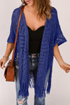 Explore More Collection - Openwork Open Front Cardigan with Fringes