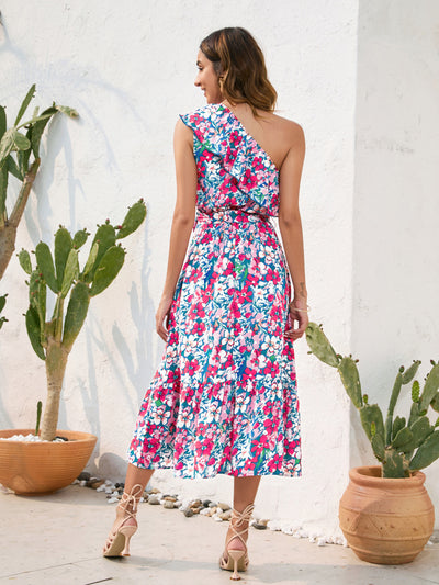 Explore More Collection - Ruffled Printed One Shoulder Midi Dress