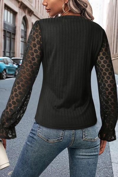 Explore More Collection - Lace Mesh Flounce Sleeve Ribbed Blouse