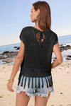 Explore More Collection - Openwork Cap Sleeve Knit Cover Up with Tassel