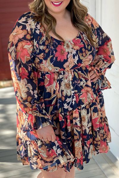 Explore More Collection - Plus Size Smocked Printed Long Sleeve Dress