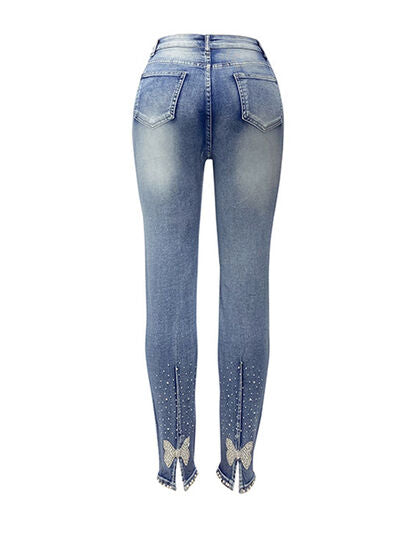 Explore More Collection - Rhinestone Detail Buttoned Jeans with Pockets