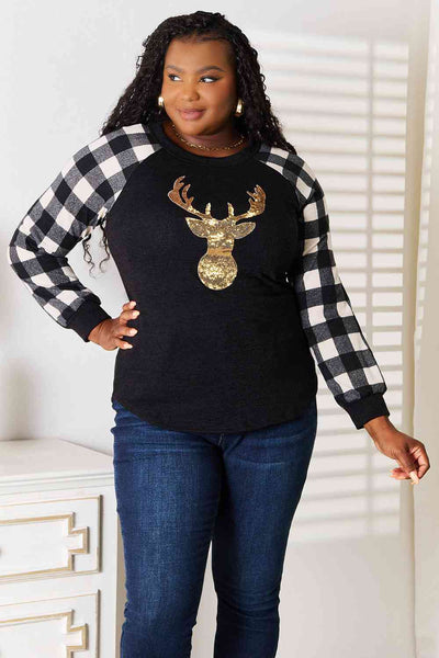 Explore More Collection - Heimish Full Size Sequin Reindeer Graphic Plaid Top