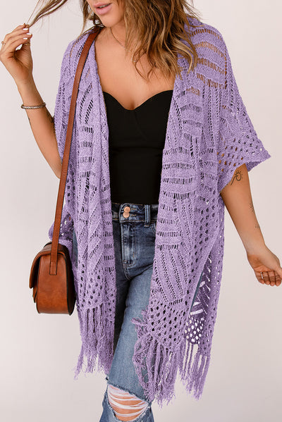 Explore More Collection - Openwork Open Front Cardigan with Fringes