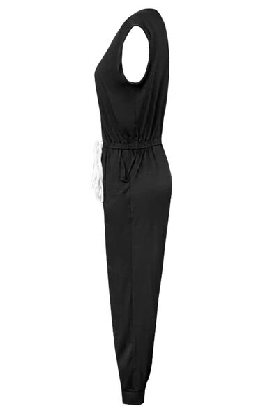 Explore More Collection - Drawstring Round Neck Sleeveless Jumpsuit