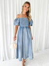 Explore More Collection - Off-Shoulder Balloon Sleeve Denim Dress