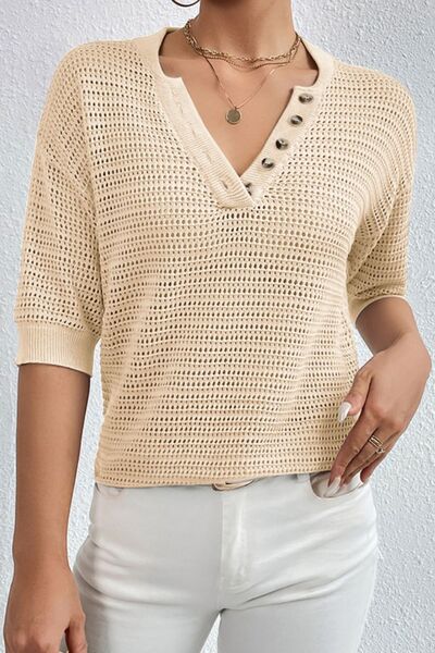 Explore More Collection - Openwork Half Button Dropped Shoulder Knit Top