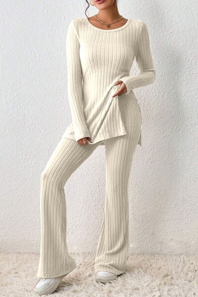 Explore More Collection - Ribbed Long Sleeve Slit Top and Bootcut Pants Set