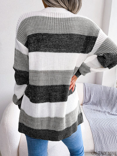 Explore More Collection - Striped Rib-Knit Open Front Longline Cardigan