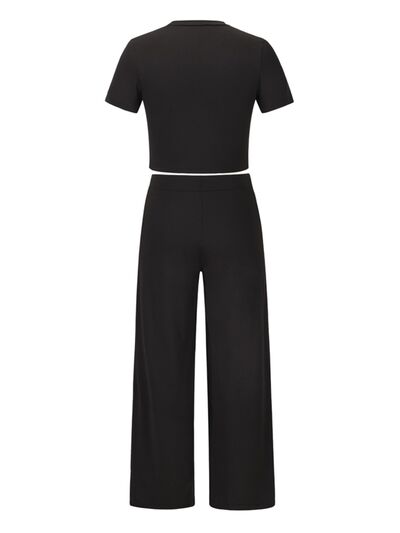 Explore More Collection - Round Neck Short Sleeve Top and Pocketed Pants Set